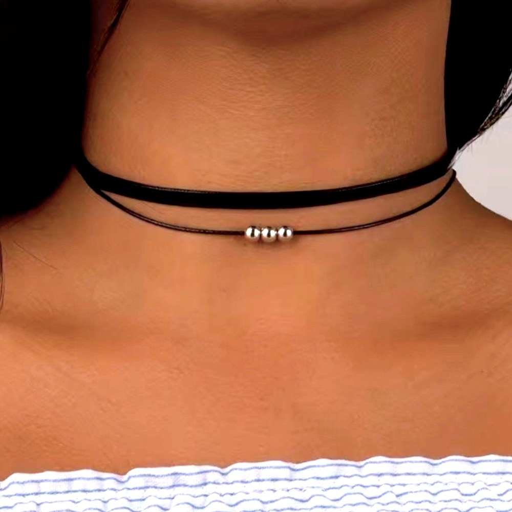 Black Choker Silver Beaded Necklace New